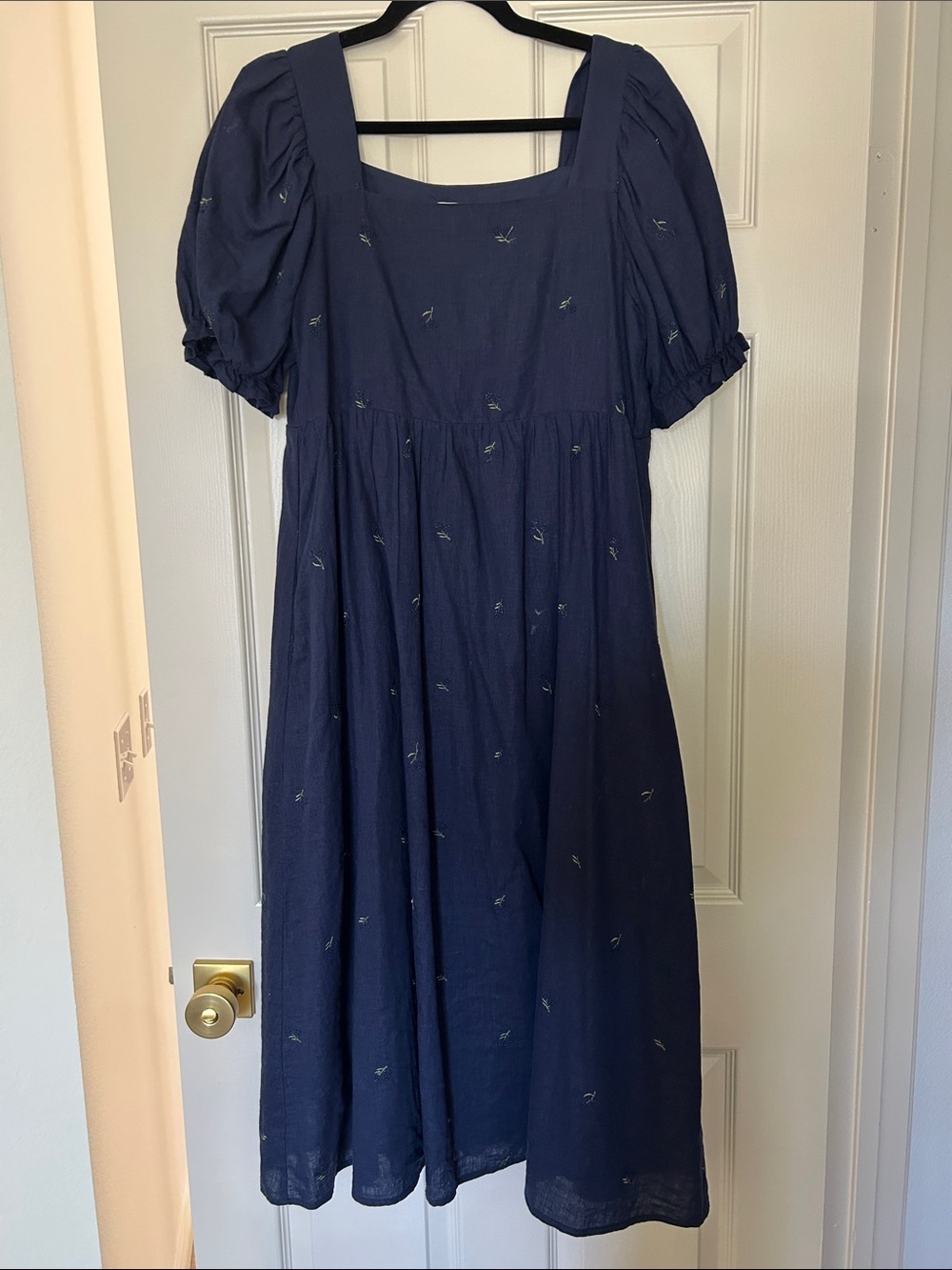 Things Between linen Navy Puff-Sleeve Midi Dress - Classic Square Neck